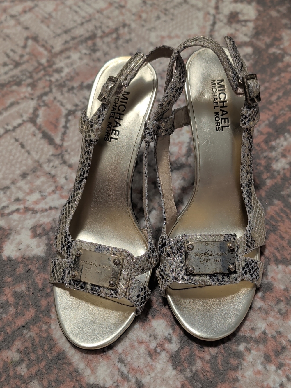 Michael Kors Silver Snake-Print Slingback Heels